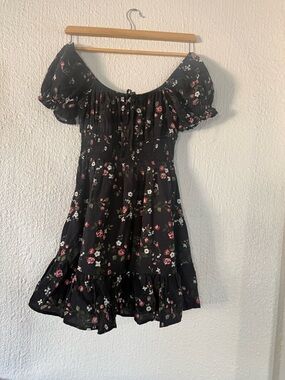 HESPERUS BLACK PUFF SLEEVE FLORAL MINI BOHO DRESS NWOT S